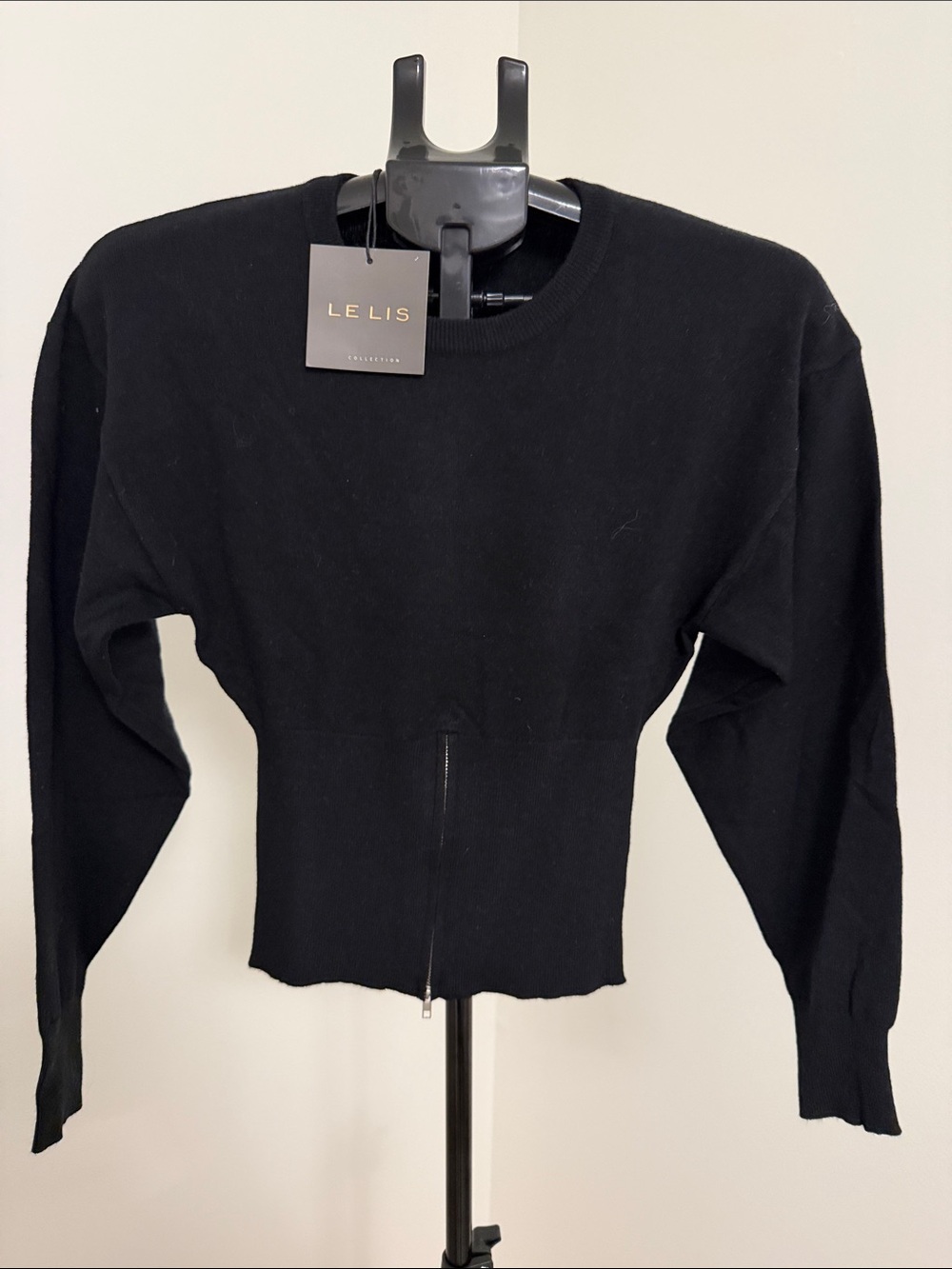 Le Lis Black Zip-Front Crew Sweater